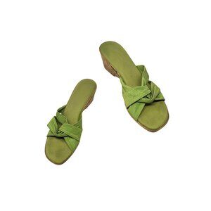 Vtg Handmade Italian Lime Green Vegan Wedge Sandals Sz 10 Knotted Open Toe Resor